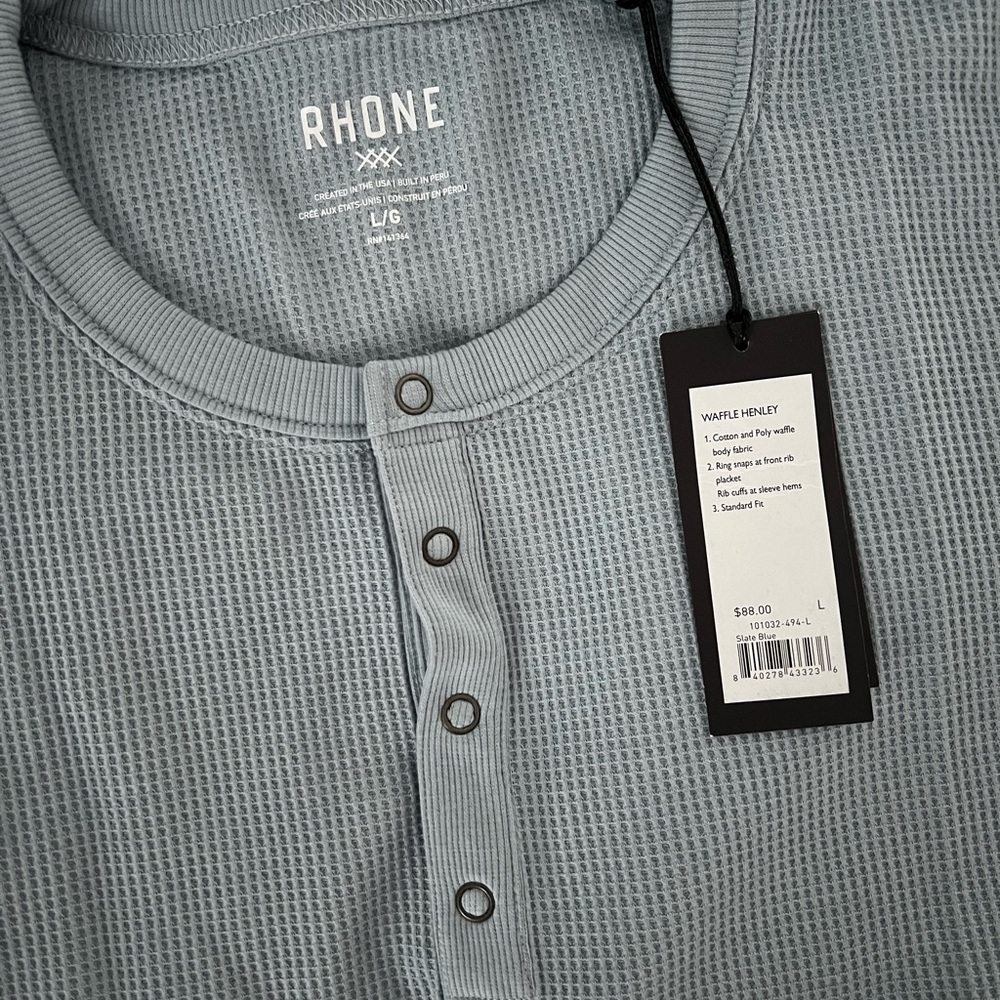 Brand New Rhone Men’s Waffle Henley, Size Large in Slate Blue